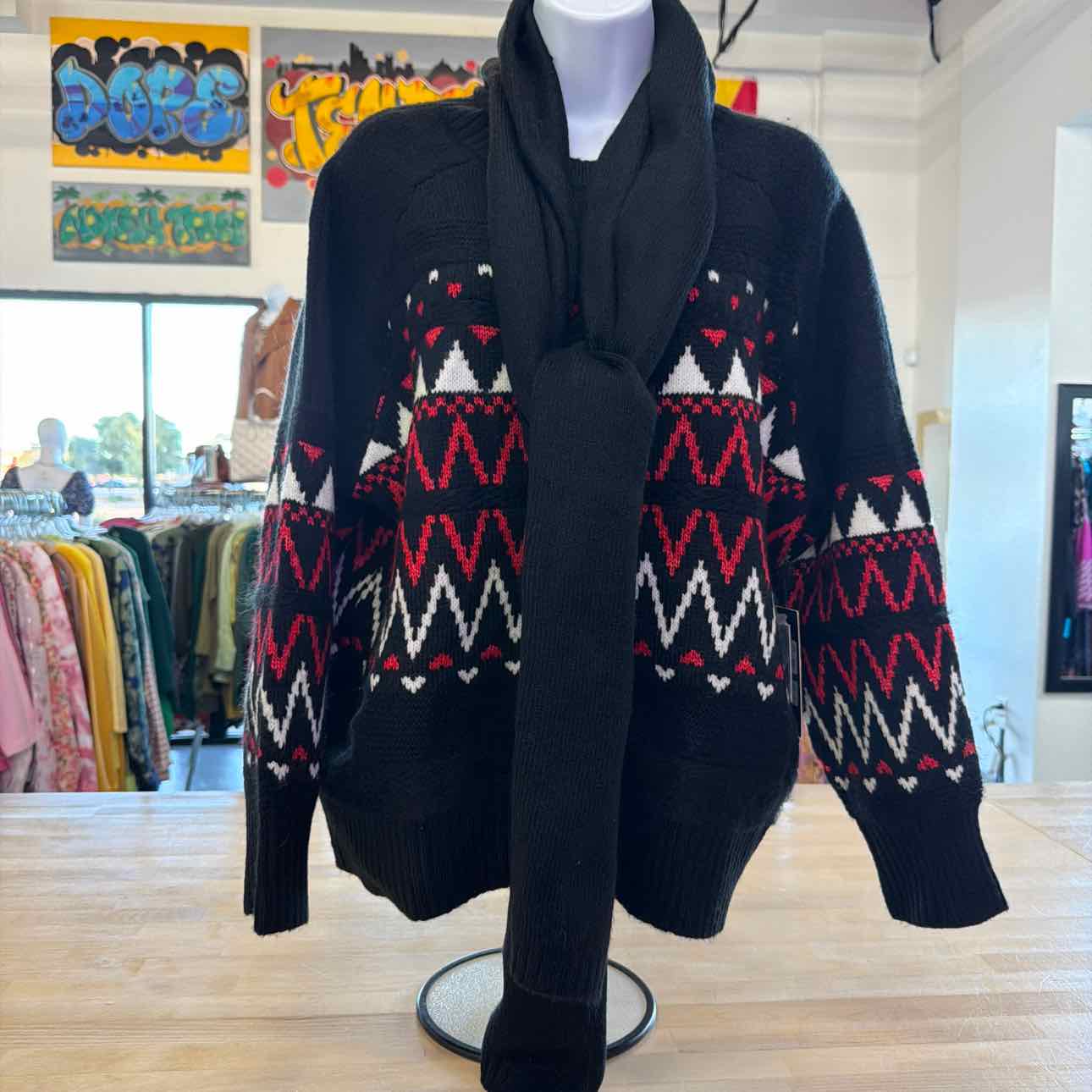 Jones New York Women's Fair Isle Crewneck Sweater & Scarf - Jones Black