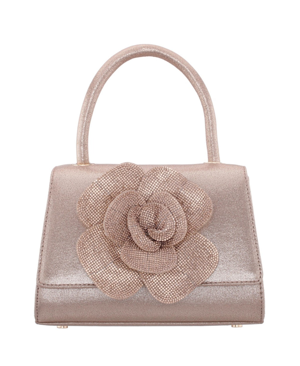 Nina Crystal Flower Embellished Metallic Satchel Bag - Taupe