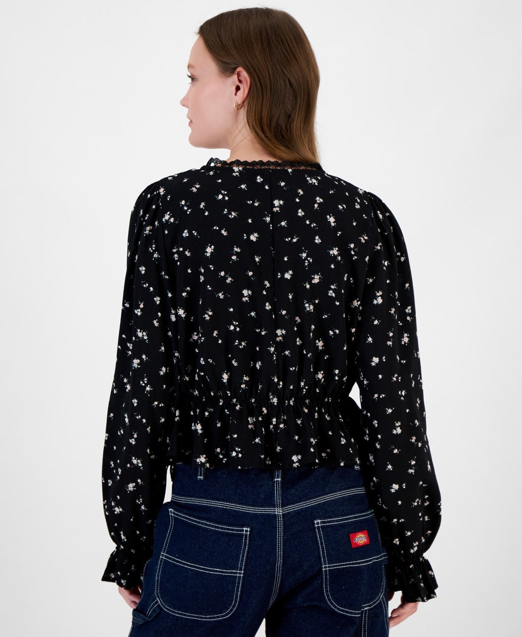 Celebrity Pink Juniors' V-Neck Printed Peplum Long Sleeve Top - Black Floral