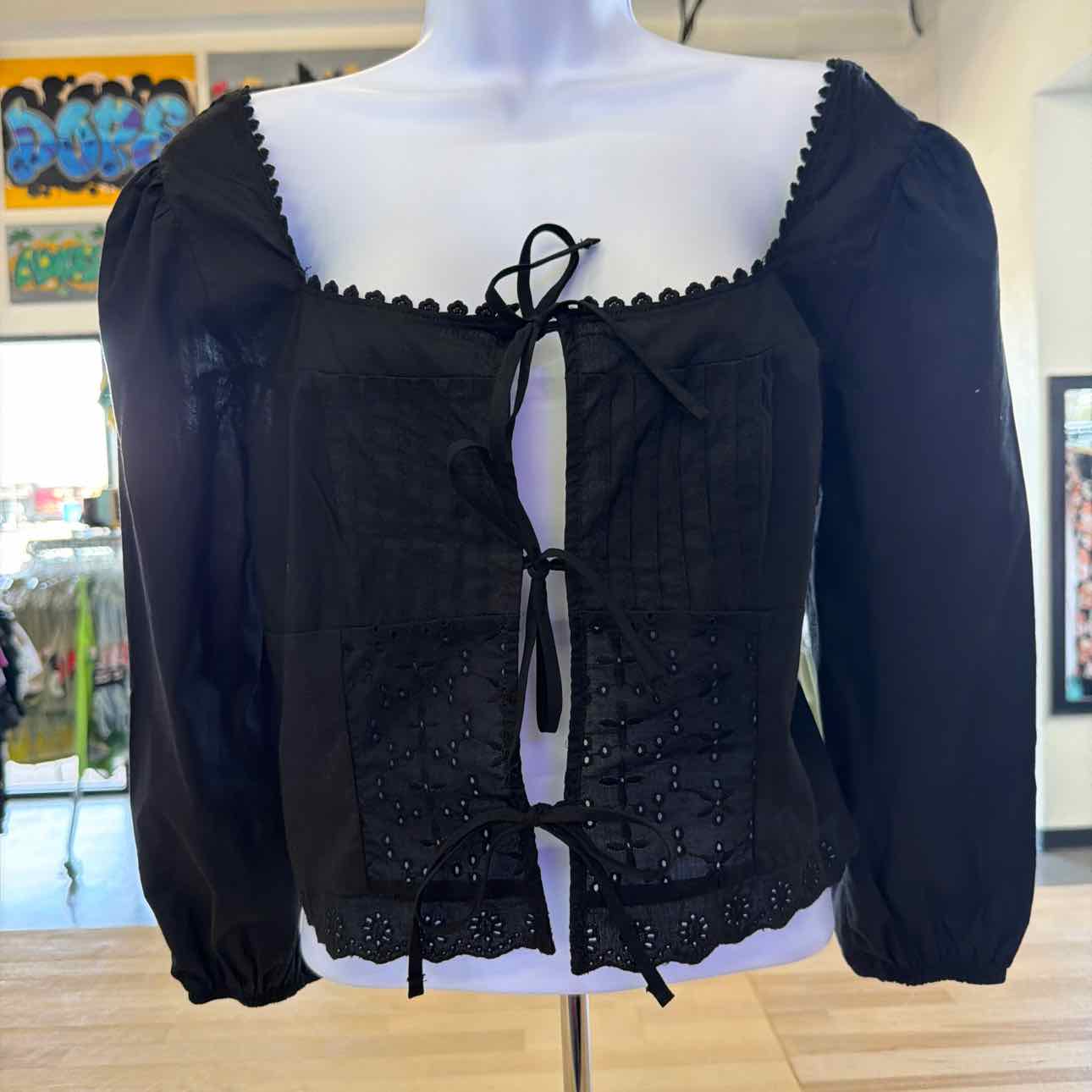 Self Esteem Juniors' Tie-Front Eyelet Top - Black