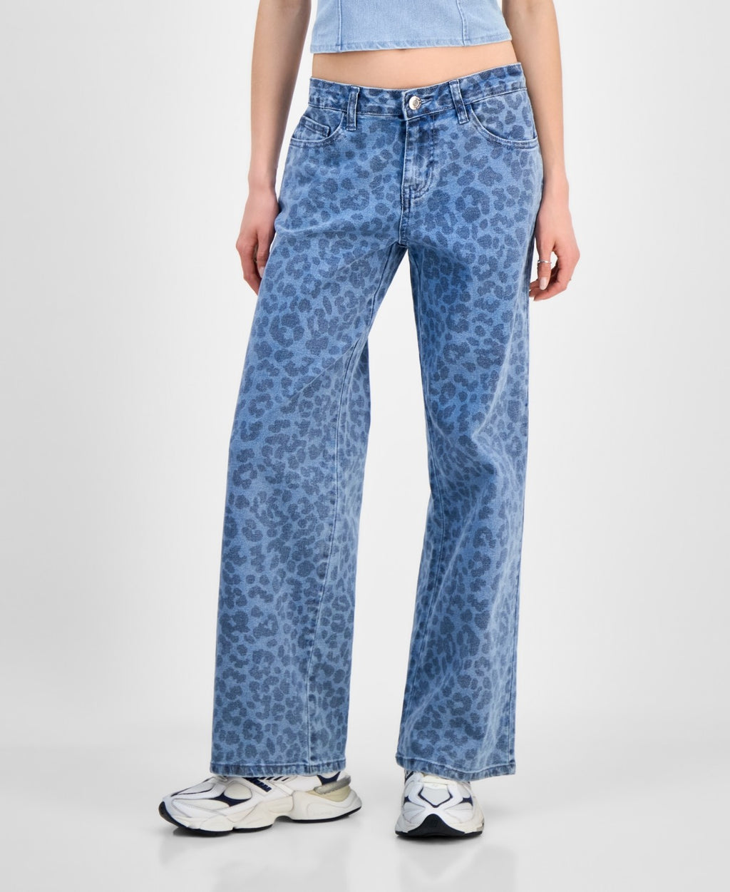 Juniors' Tonal Leopard-Print Wide-Leg Jeans - Medium Wash - 7