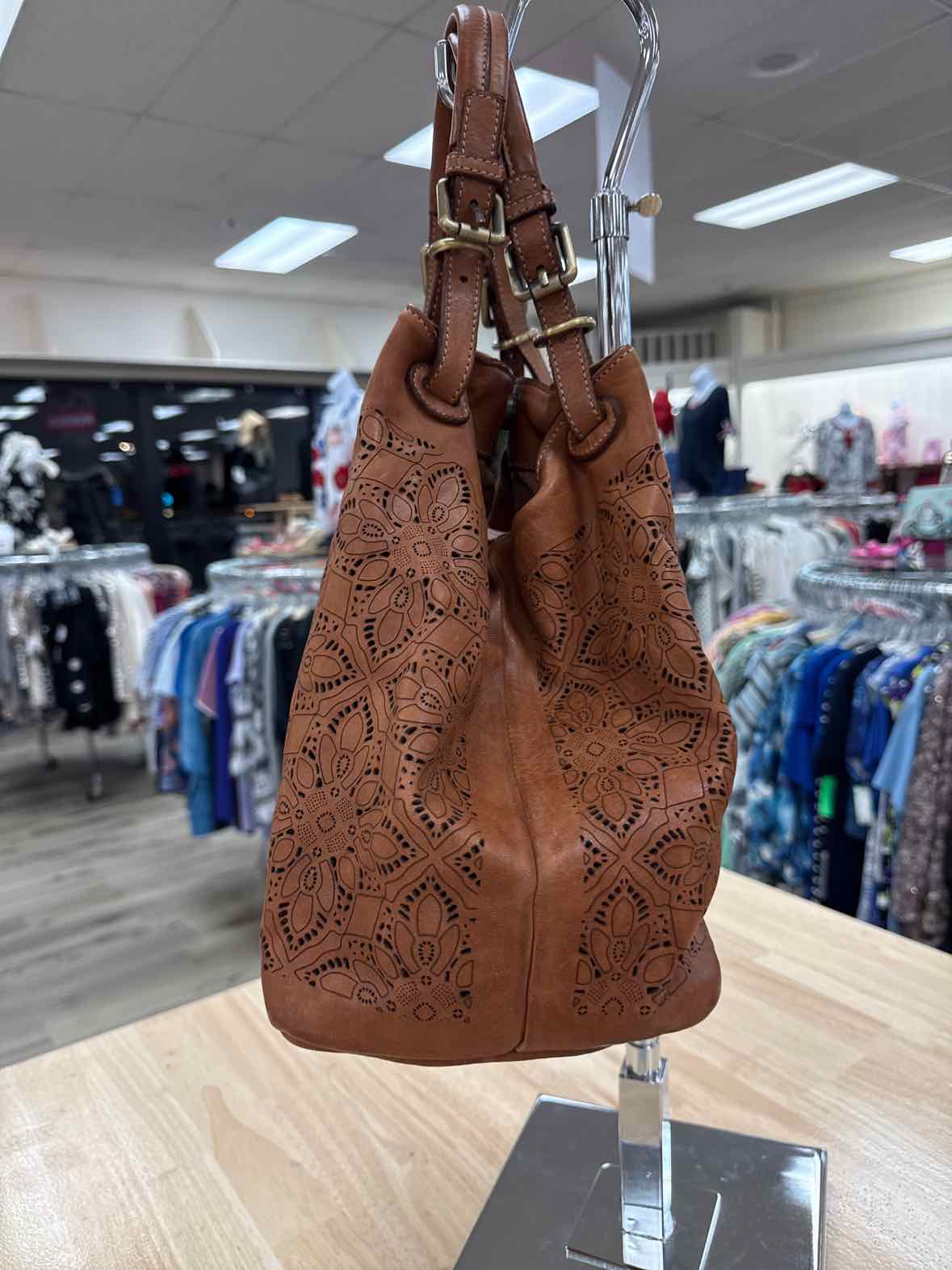 Sundance Tan Laser Cut Leather Boho Preloved Handbag
