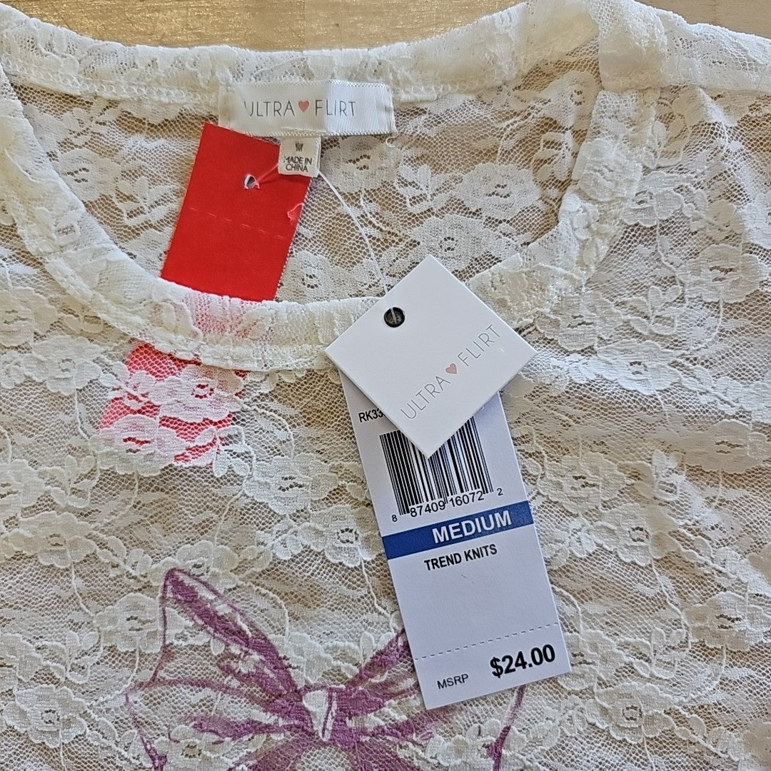 Ultra Flirt Juniors' Graphic Lace Tee - Gardenia