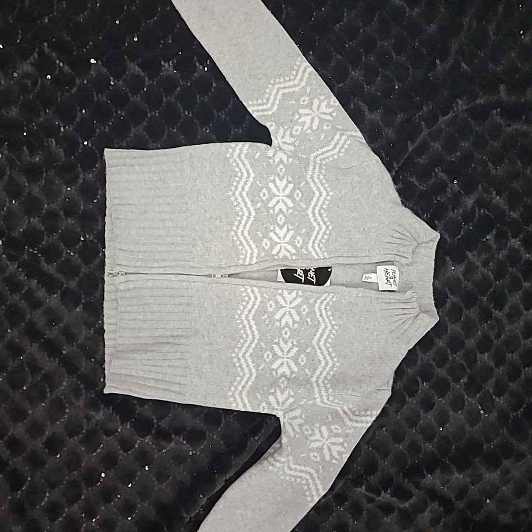 Planet Heart Size S Juniors' Fair Isle Zip-Front Sweater - Light Heather Grey