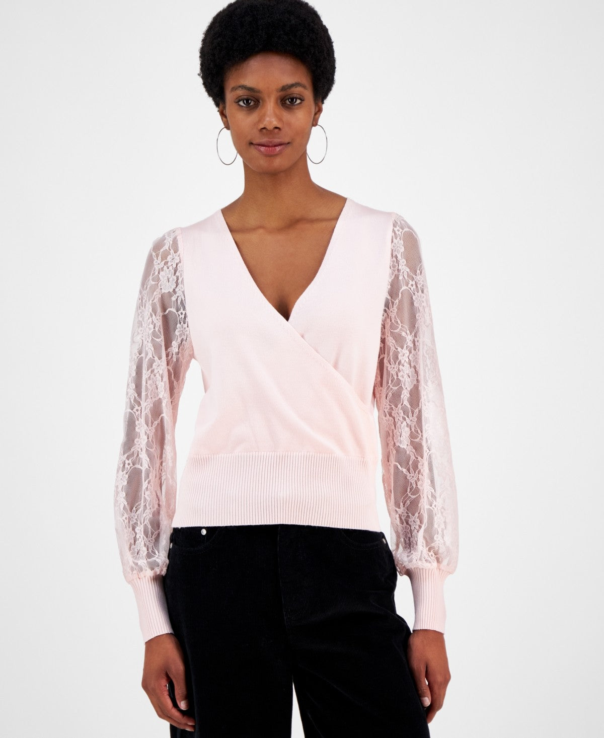 Madden Girl Juniors' Surplice-Neck Lace-Sleeve Sweater - Icy Pink
