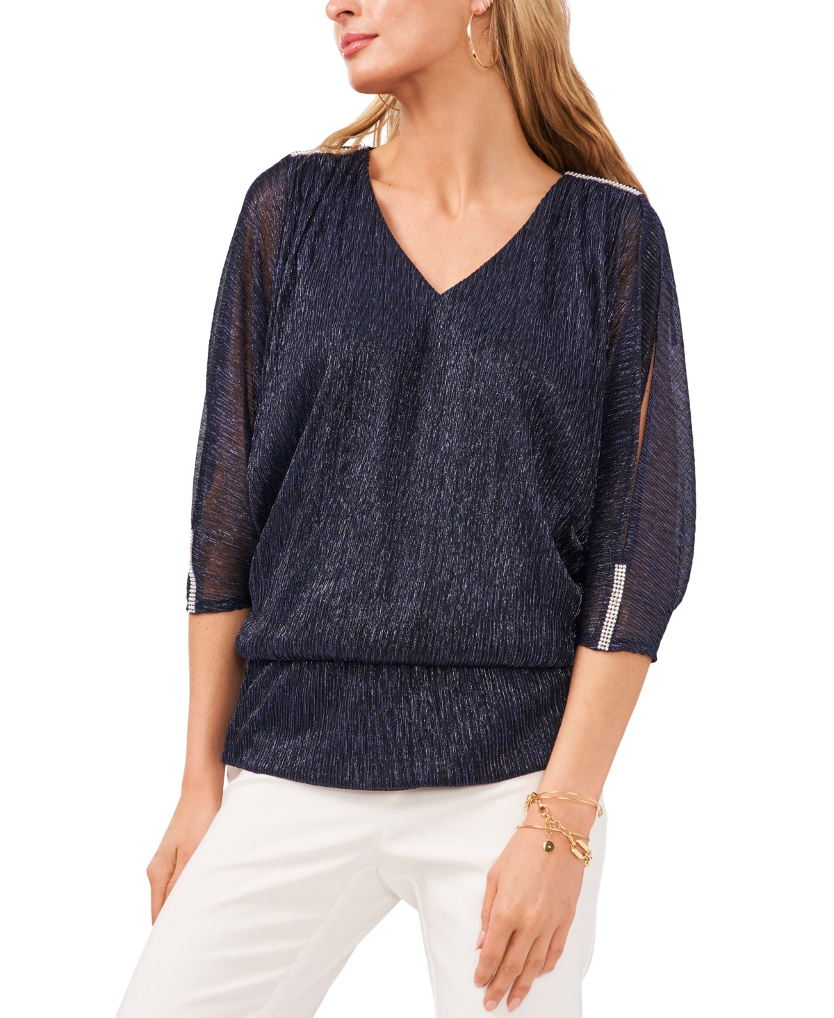 MSK XL Blue Black 3/4 Split Sleeve Metallic Cold Shoulder Crinkle Blouse NWT