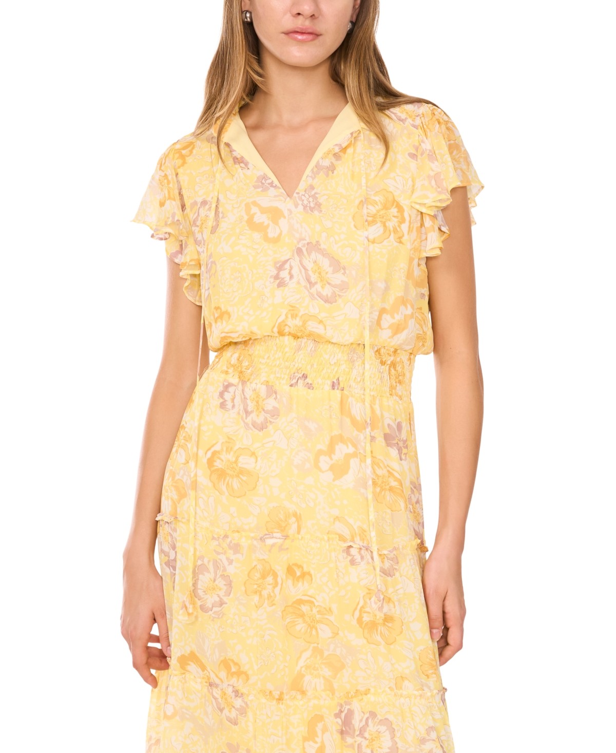 1.State Women's Tiered Floral-Print Flutter-Sleeve Maxi Dress - Lemon Meringue