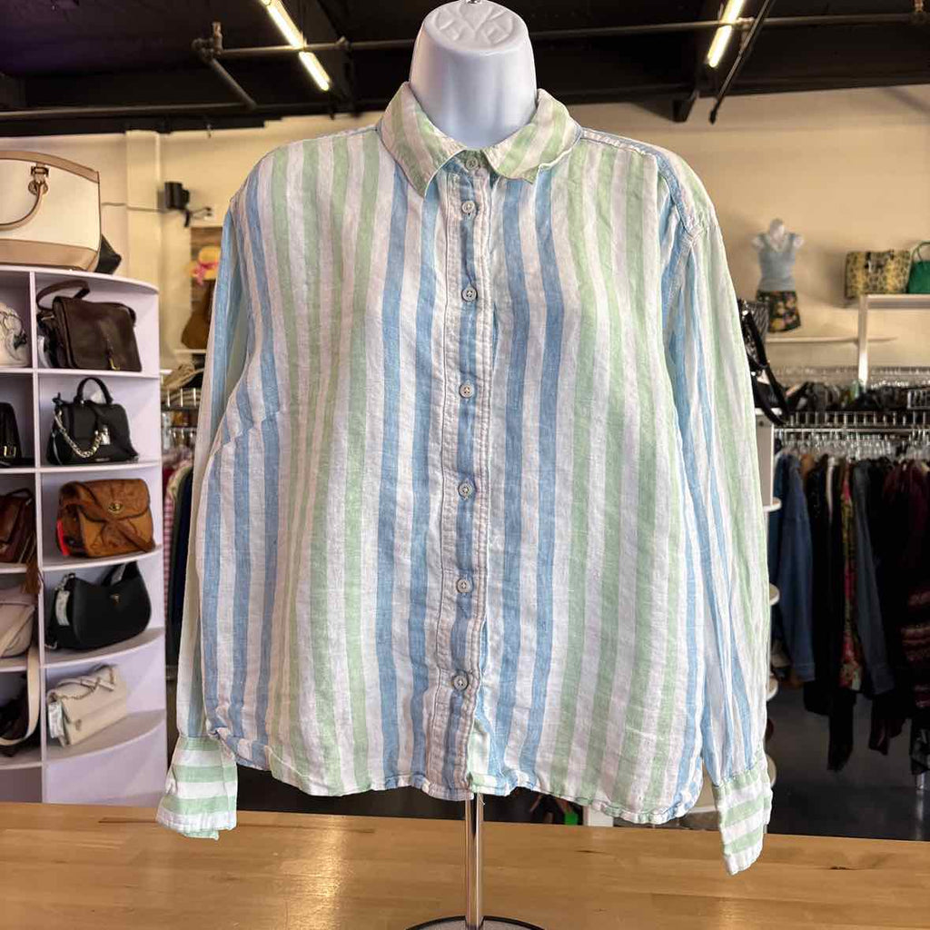 Talbots Size LP White Blue Green Preloved Button Down LS