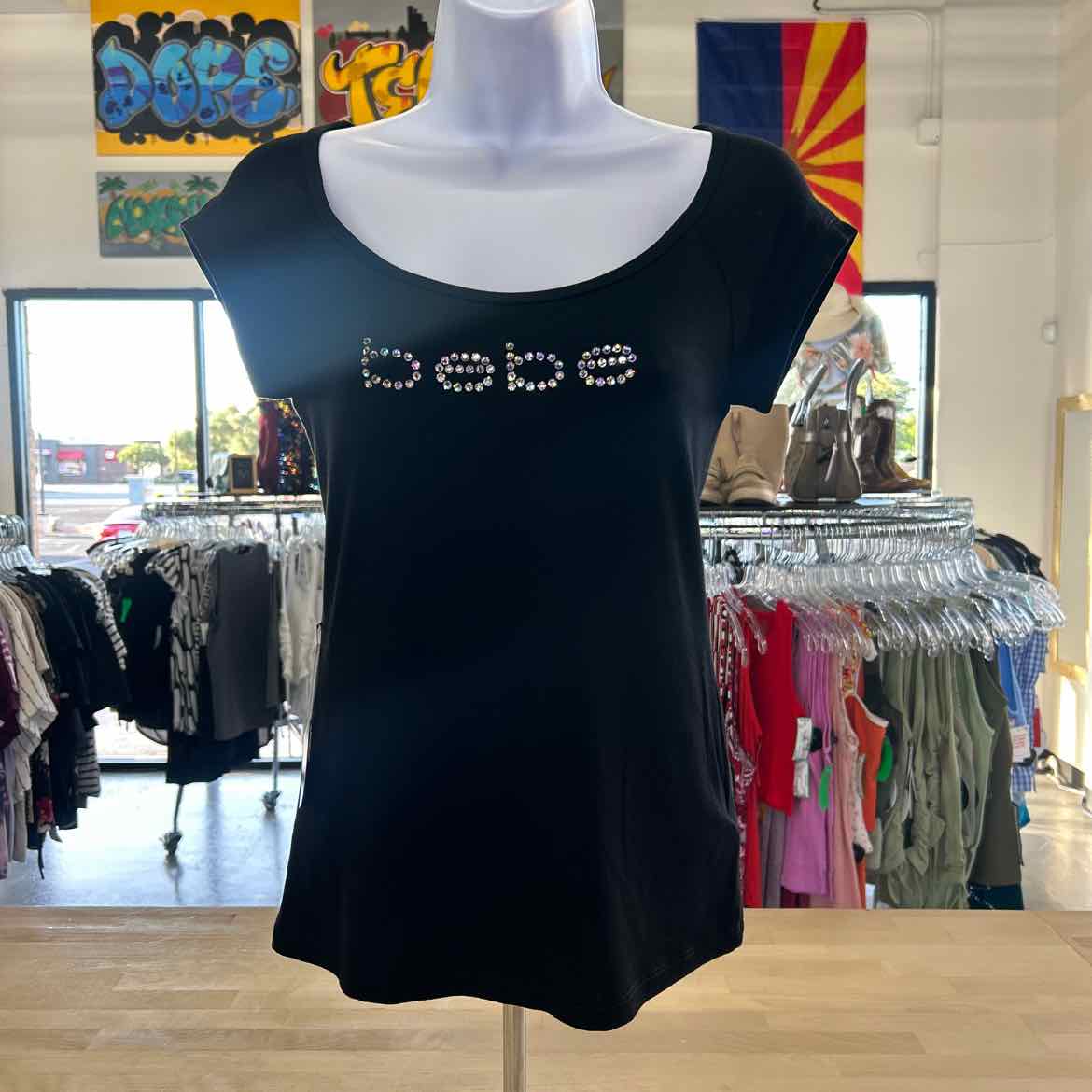 Bebe Size XS Black Rhinestone New T-Shirt SS