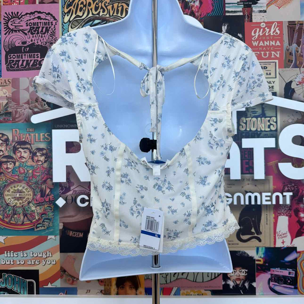 hippie rose Size XL Corset Short-Sleeve Mesh Top - White Floral