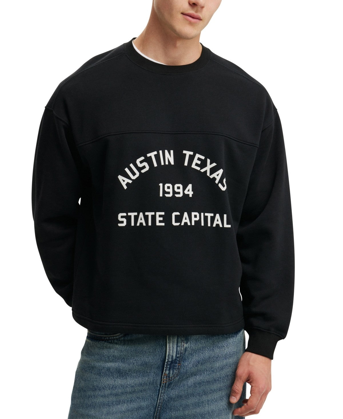 Cotton on Boxy Fit Graphic Crew Sweatshirt with Texas Print-Black