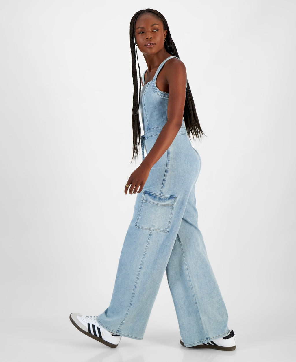 Tinseltown Juniors' Wide-Leg Square-Neck Tie-Front Cargo Jumpsuit - Bayside Wash