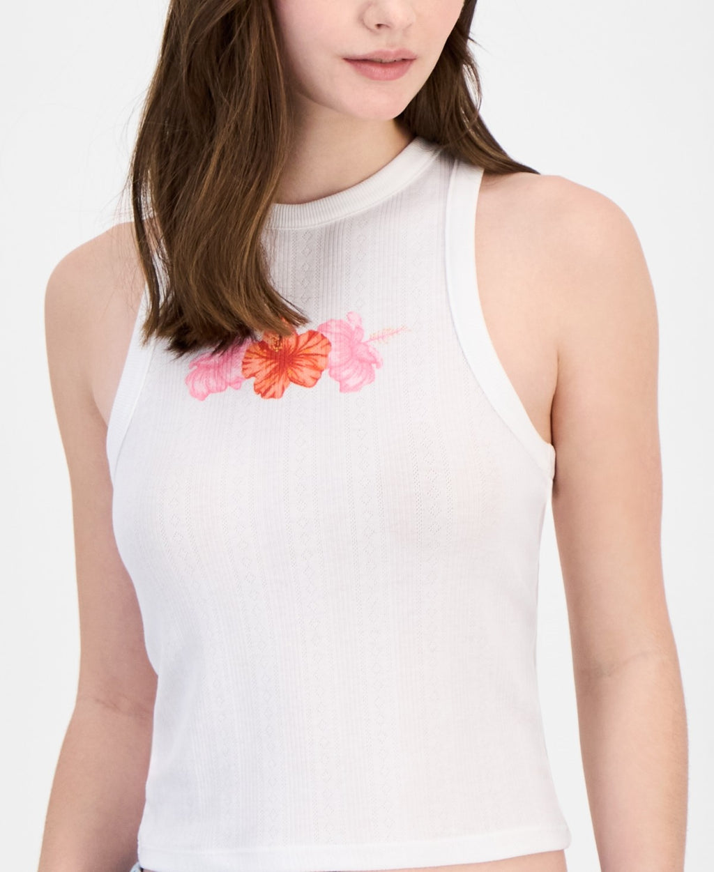 Grayson Threads, the Label Juniors' Pointelle Hibiscus Graphic Tank Top - White