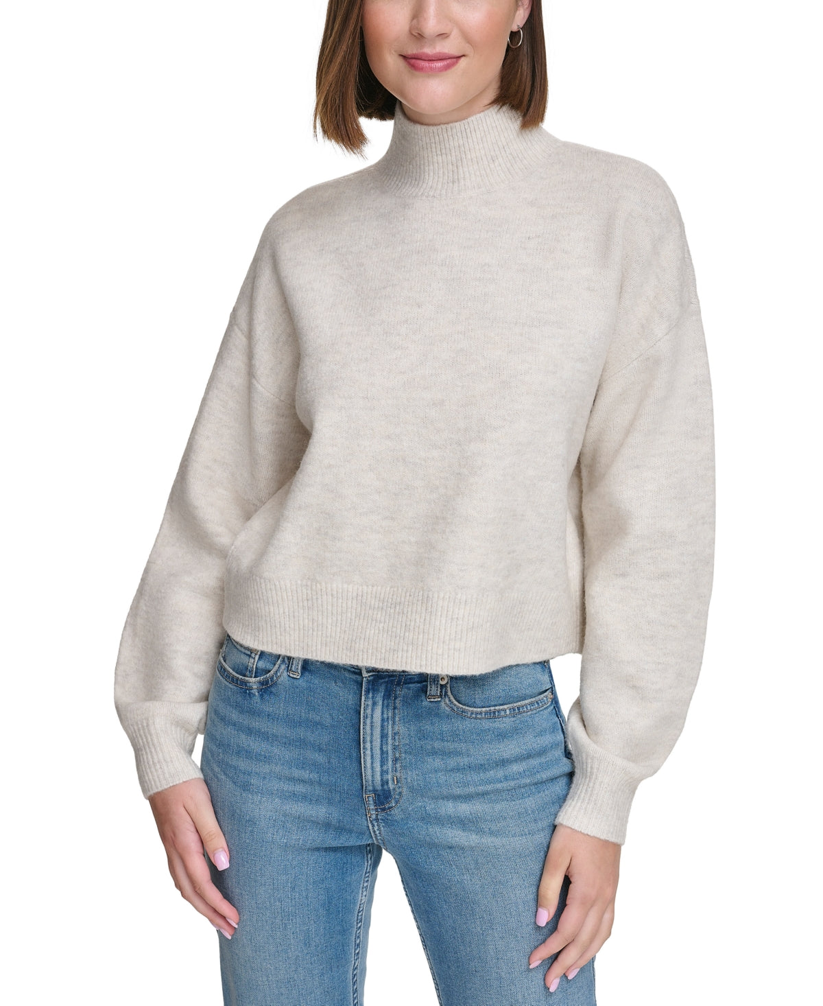 Calvin Klein Size LBoxy Cropped Long Sleeve Mock Neck Sweater - Cortado Heather