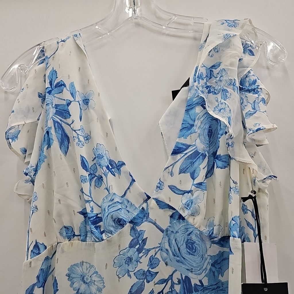 CeCe Women's Printed V-Neck Flutter-Sleeve Chiffon Dress - Blue Air