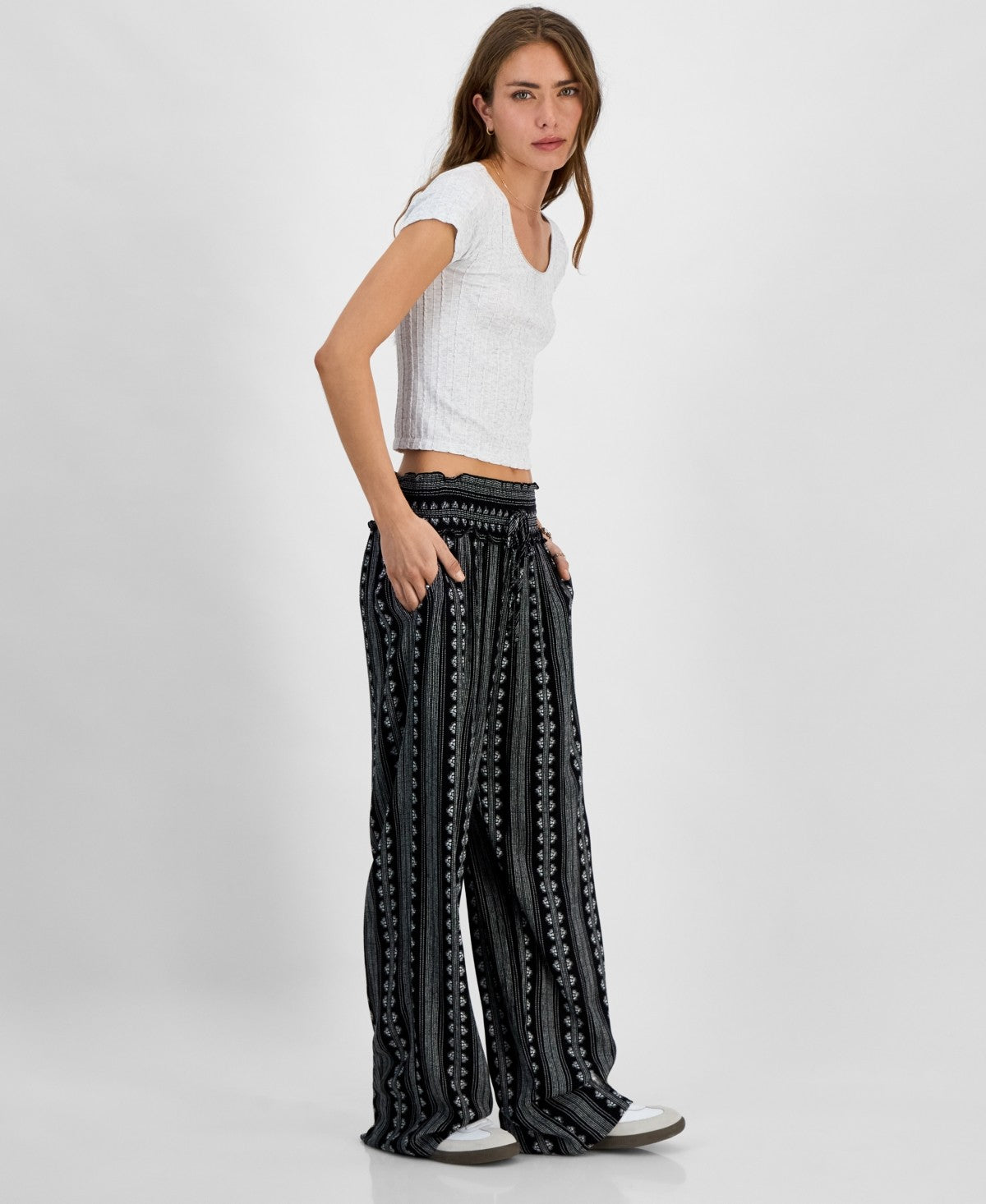 Kingston Grey Juniors' High-Rise Smocked-Waist Pants - Black/ivory