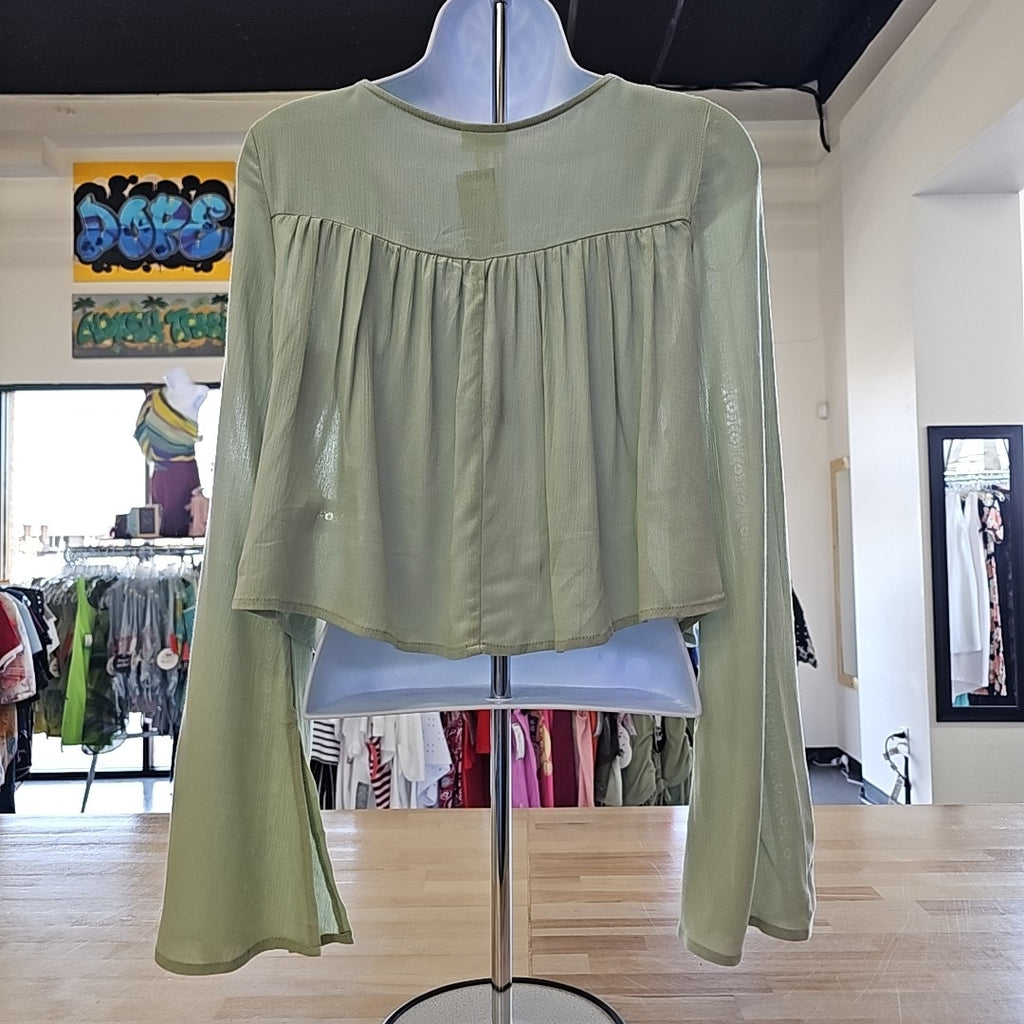 Juniors Self Esteem Gauze Bell Sleeve Button Front Blouse Top