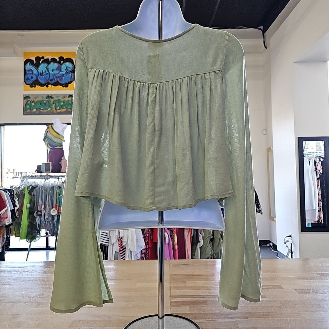Juniors Self Esteem Gauze Bell Sleeve Button Front Blouse Top