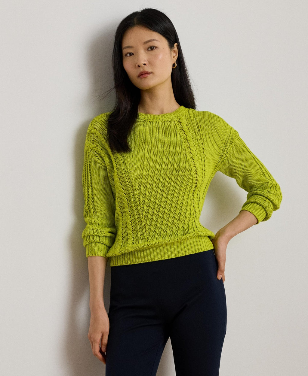 Lauren Ralph Lauren Women's Pointelle-Knit Cotton Crewneck Sweater - Lime Chartr