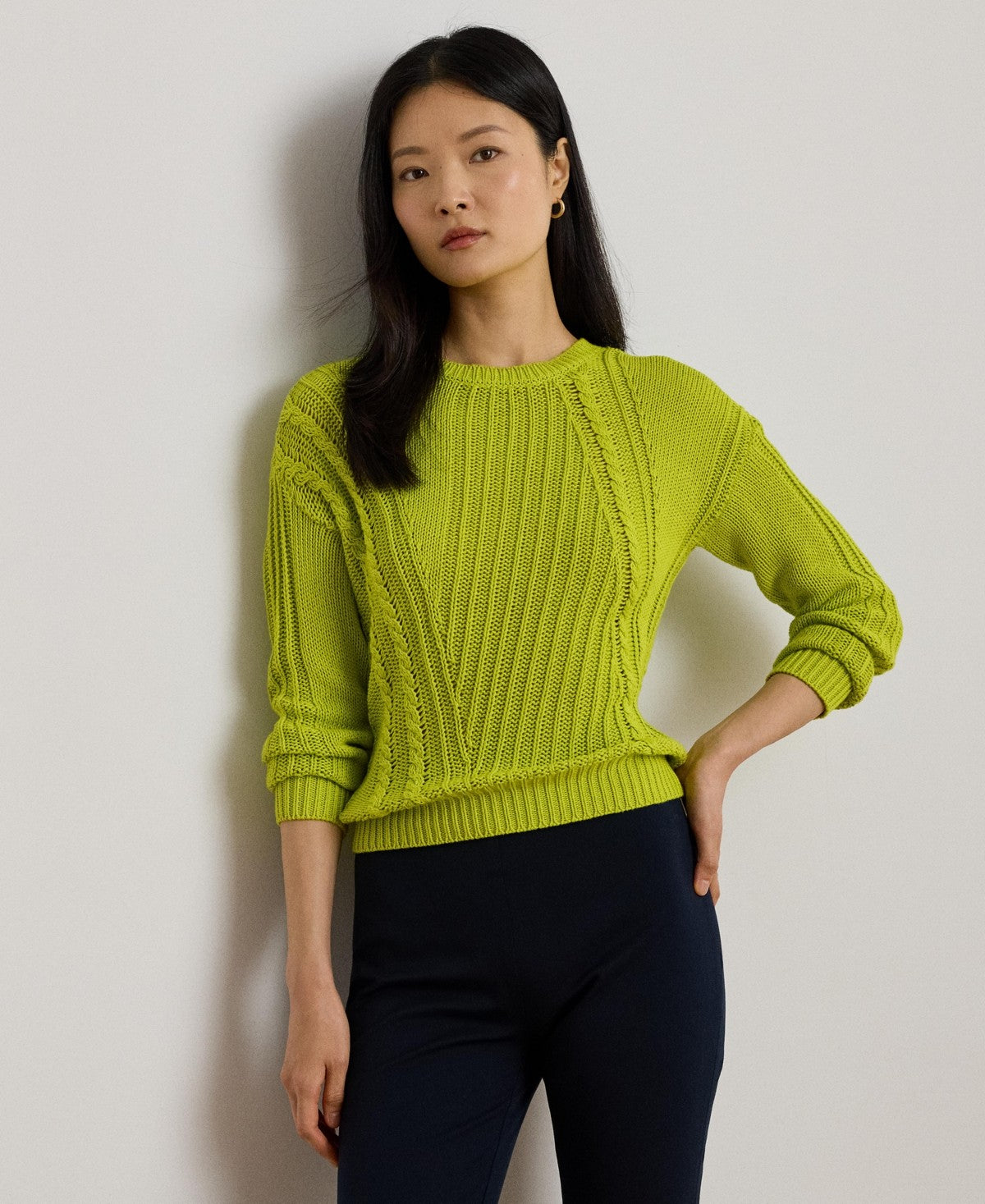 Lauren Ralph Lauren Women's Pointelle-Knit Cotton Crewneck Sweater - Lime Chartr