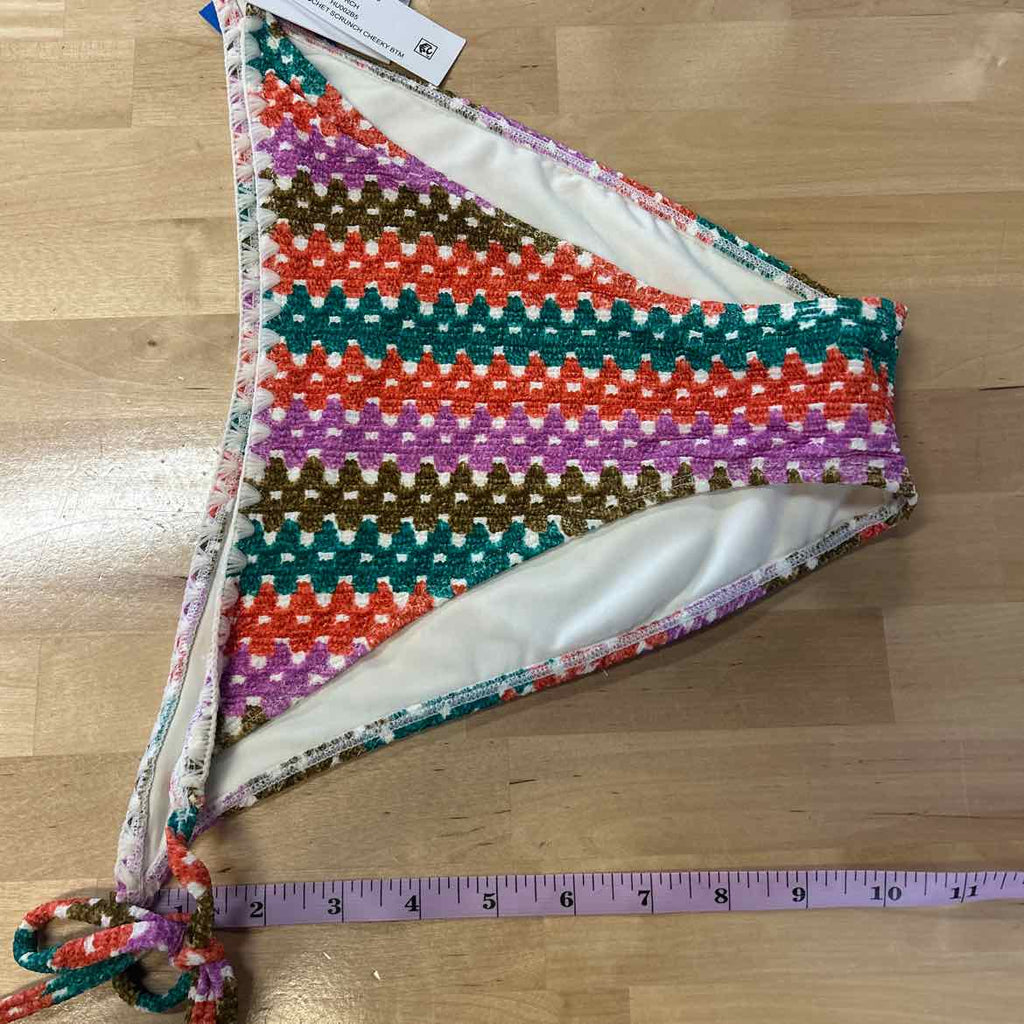 Hurley Size L Printed Stripe Crochet Scrunch Cheeky Tie Side Bikini Bottoms