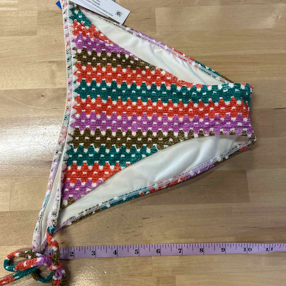 Hurley Size L Printed Stripe Crochet Scrunch Cheeky Tie Side Bikini Bottoms