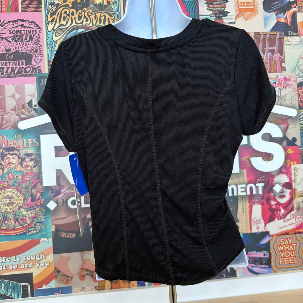 ultra flirt Size XL Ribbed Cropped Henley Short Sleeve - Black