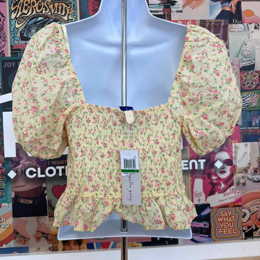 kingston grey Size L Printed Sweetheart-Neck Puff-Sleeve Top
