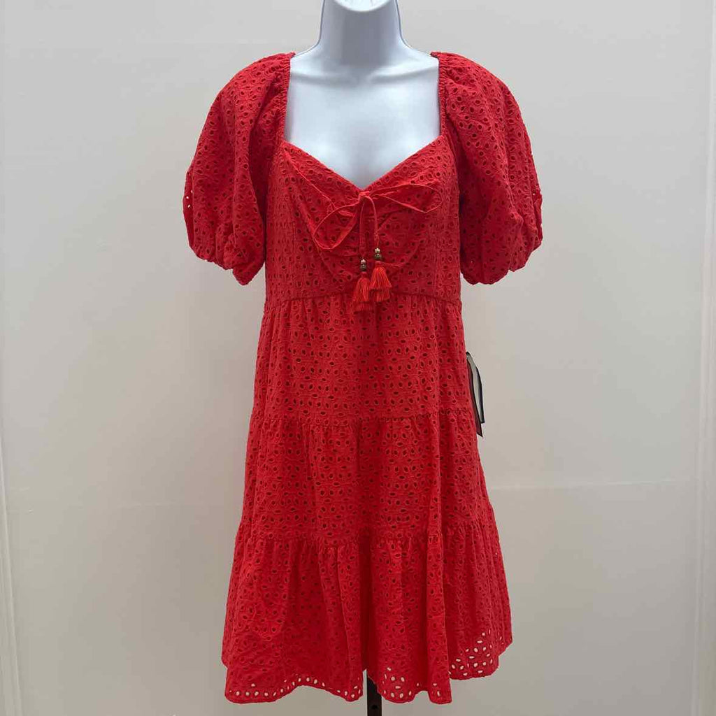 Vince Camuto Size 10 V-Neck Short-Puff-Sleeve Eyelet Dress