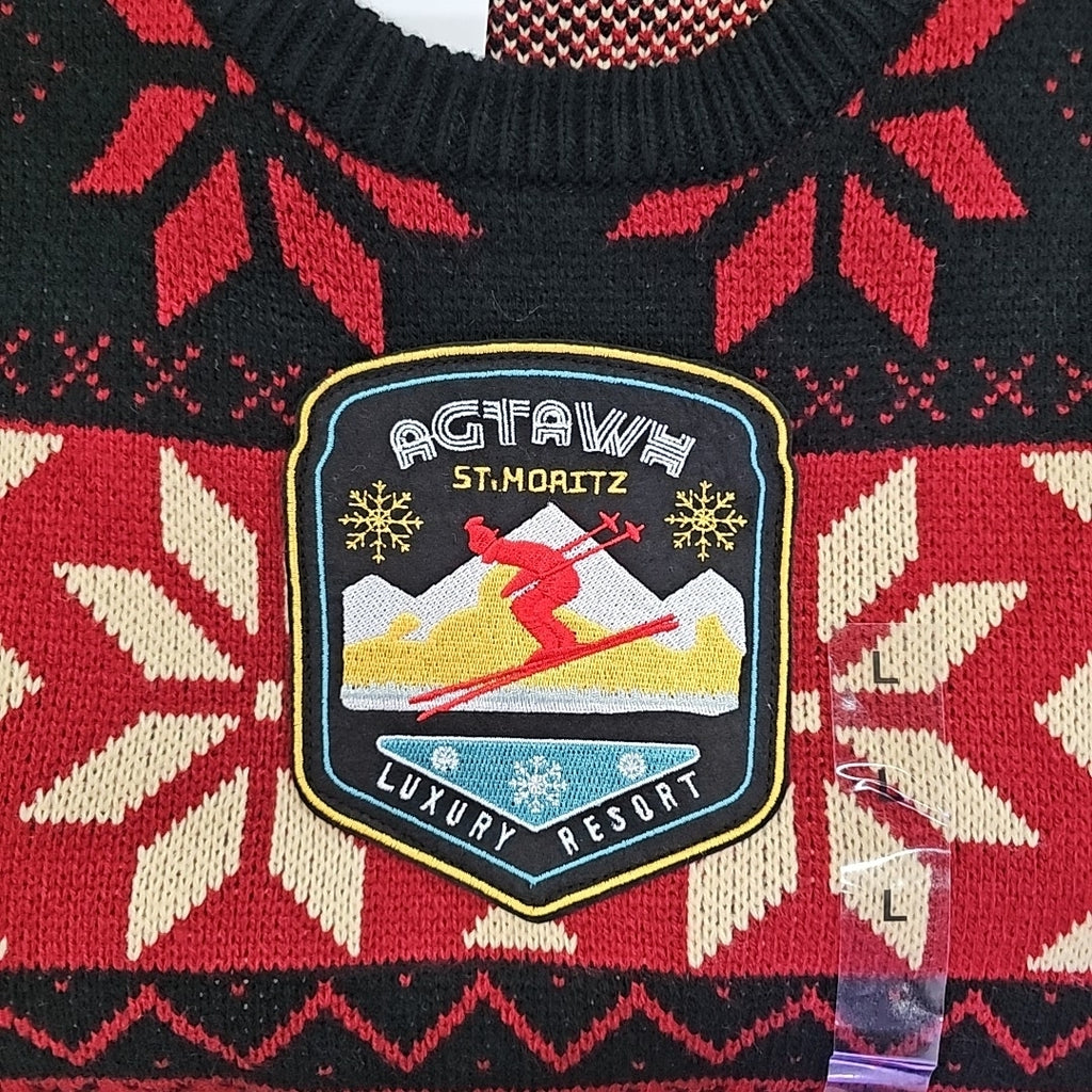 AGTAWH St Moritz Sweater Mens Large Red Black Nordic Snowflake Ski Resort Patch