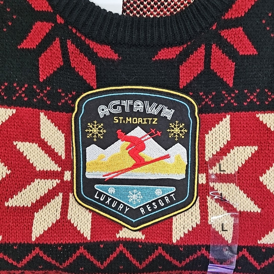 AGTAWH St Moritz Sweater Mens Large Red Black Nordic Snowflake Ski Resort Patch