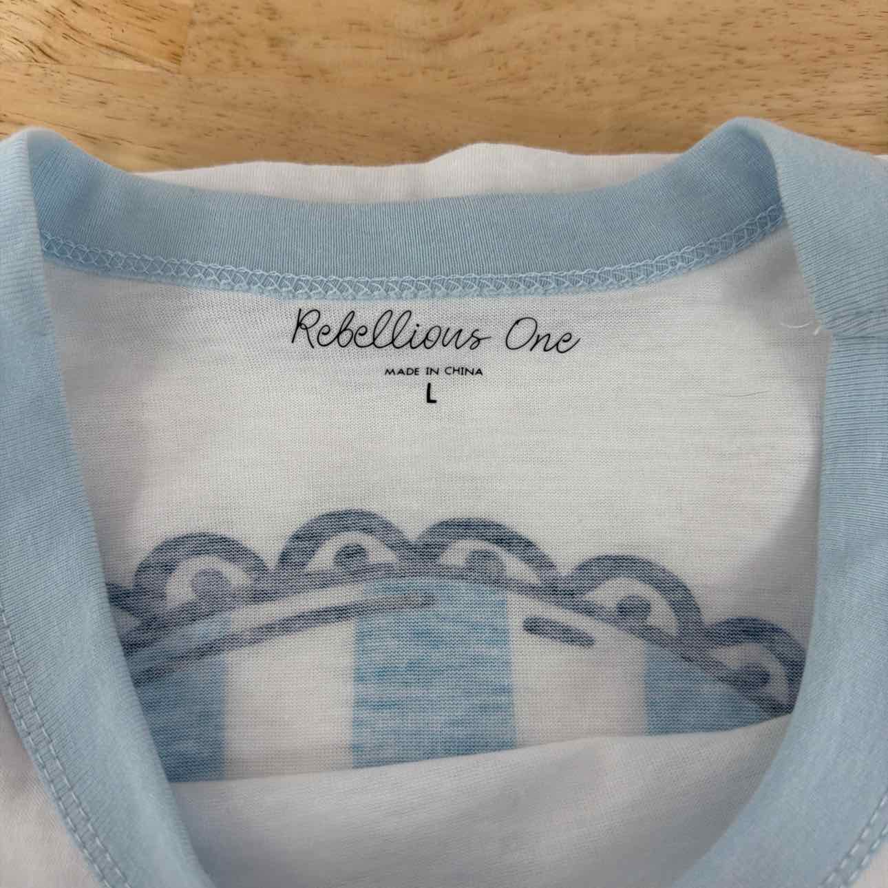 Rebellious One Size L Orange Graphic Short-Sleeve T-Shirt - White/Baby Blue