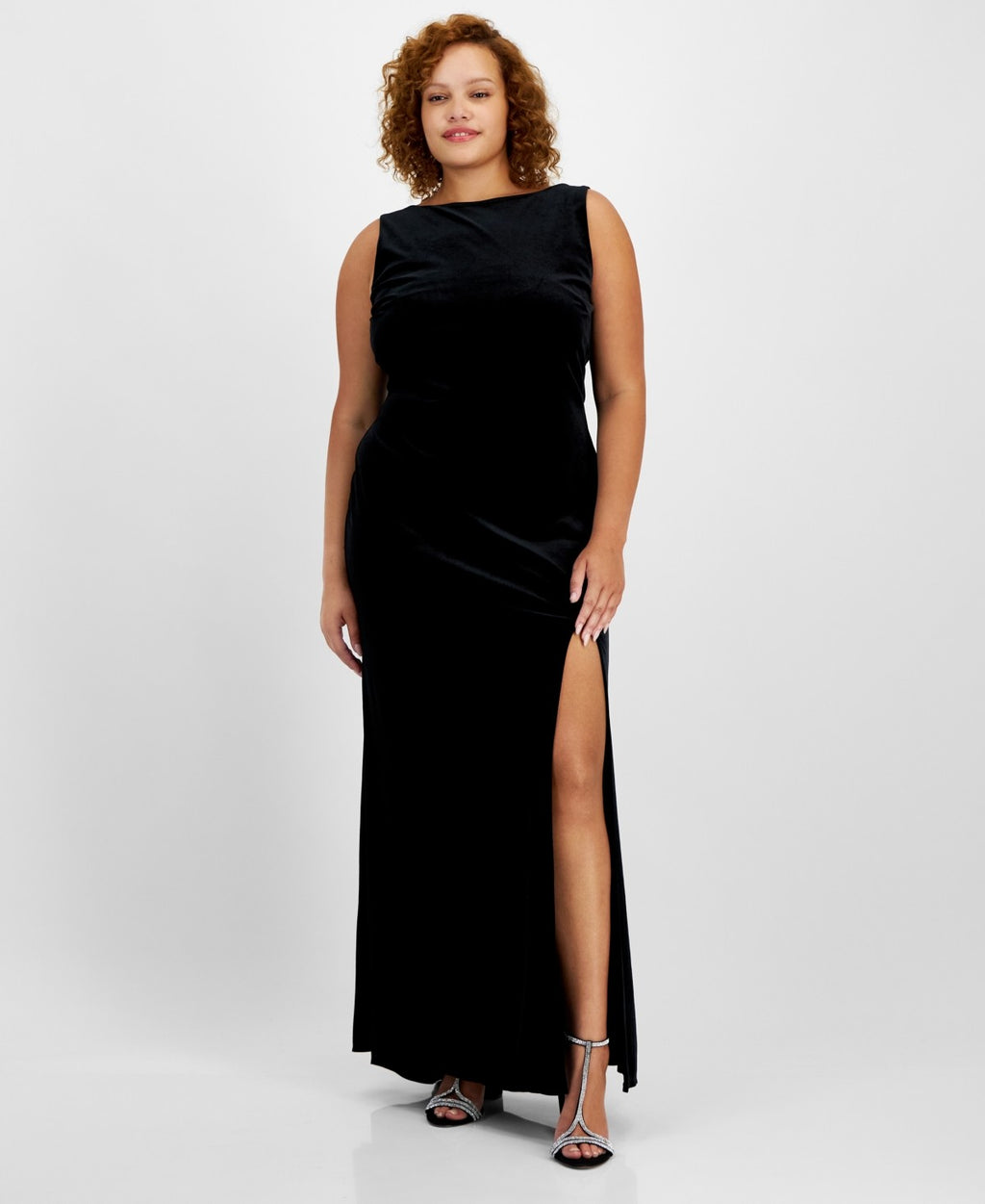 B Darlin Plus Size High-Slit Velvet Low-Back Dress - Blk/pearl