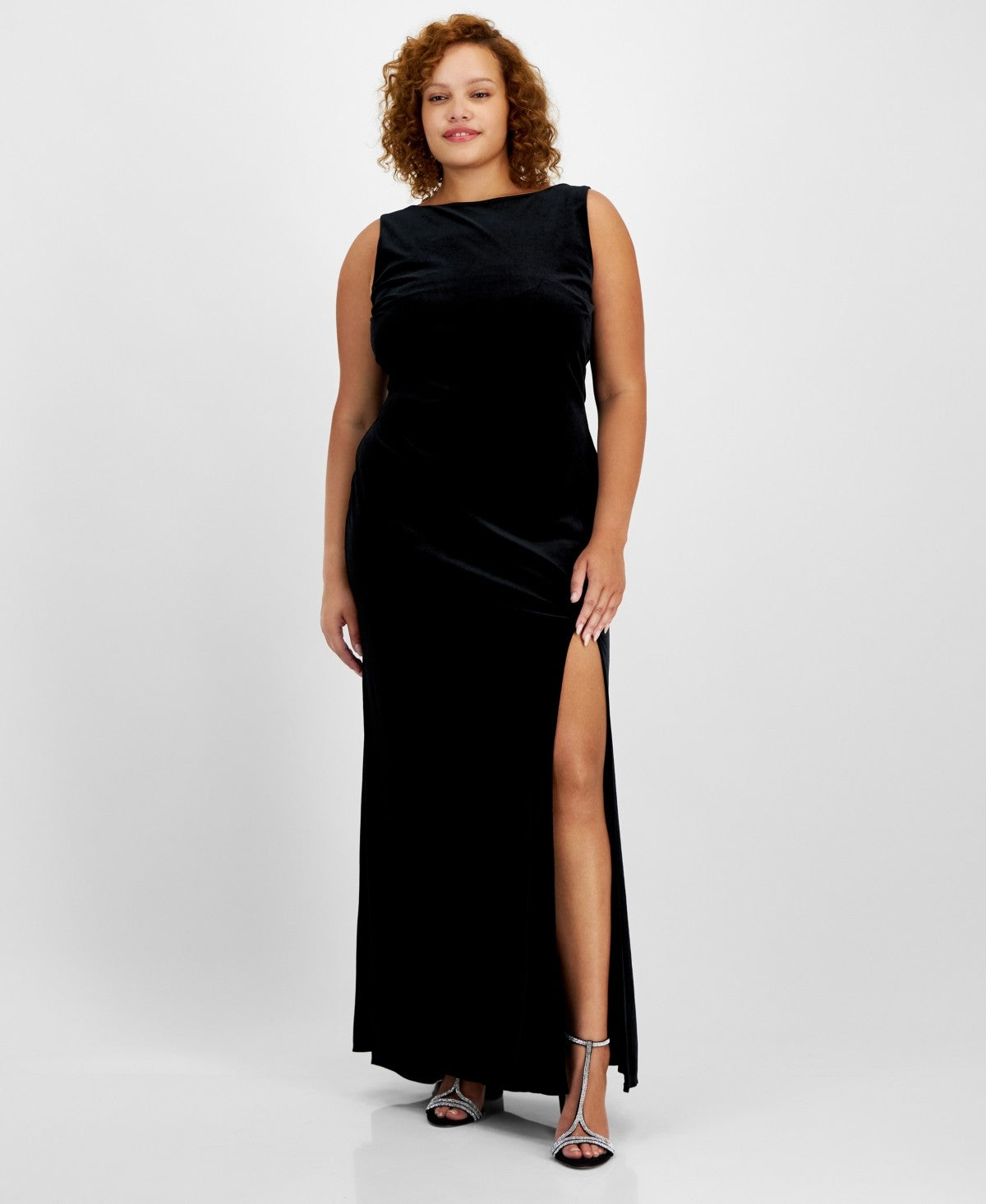 B Darlin Plus Size High-Slit Velvet Low-Back Dress - Blk/pearl