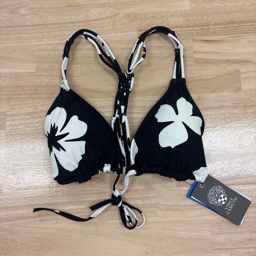 Vince Camuto Size L Printed Tie-Front V-Neck Bikini Top - Black