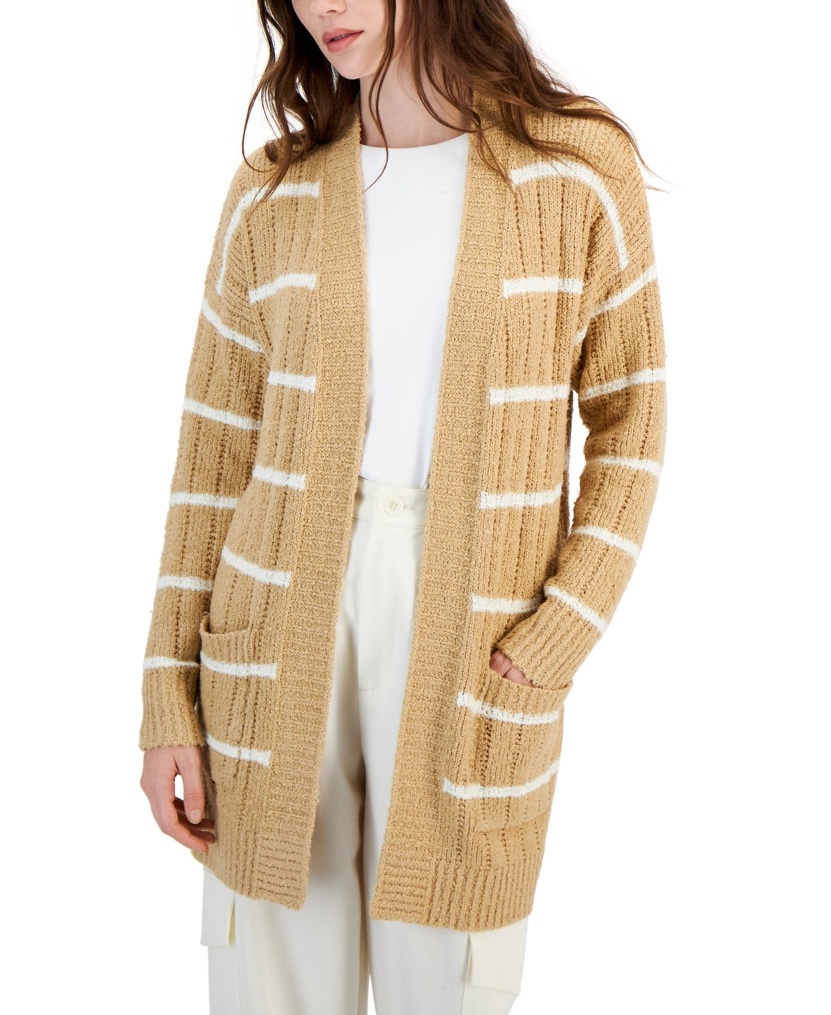 hippie rose Size XS Striped Open-Front Long Cardigan - Tan Stripe