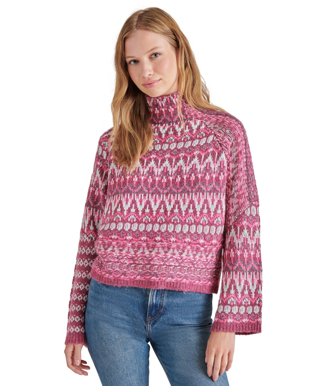 Steve Madden Women's Indie Fair Isle Mock-Neck Sweater - Fuschia