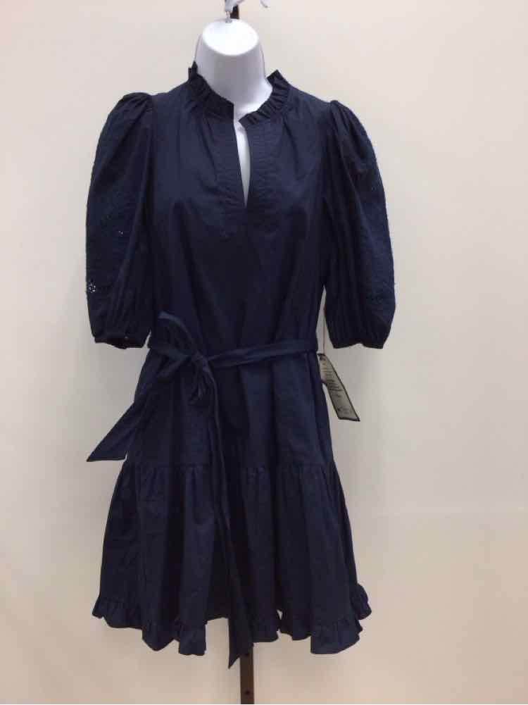 Vince Camuto Size 6 Split-Neck Elbow-Sleeve Cotton Dress - Navy