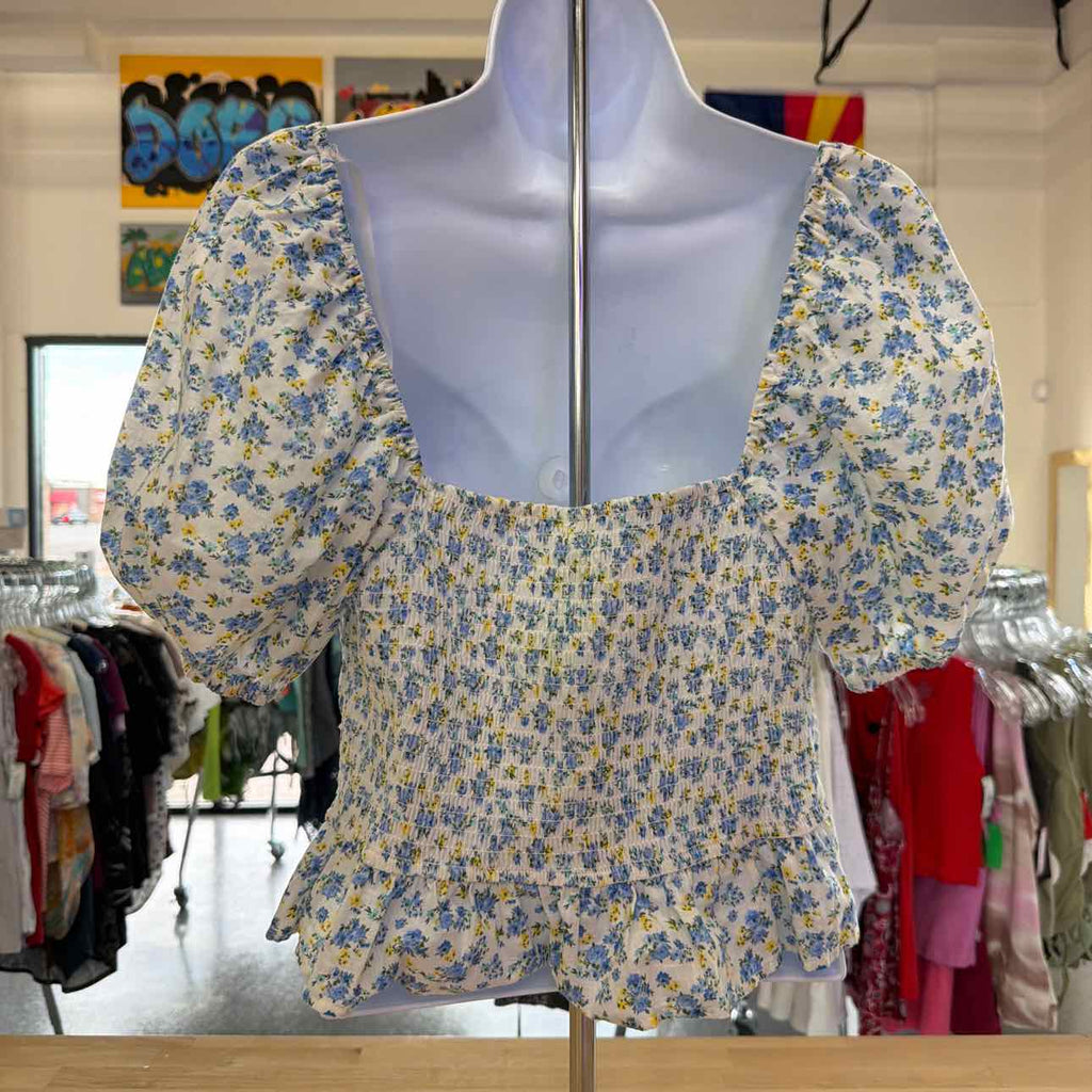 Kingston Grey Juniors' Printed Sweetheart-Neck Puff-Sleeve Top - Ivory/Blue
