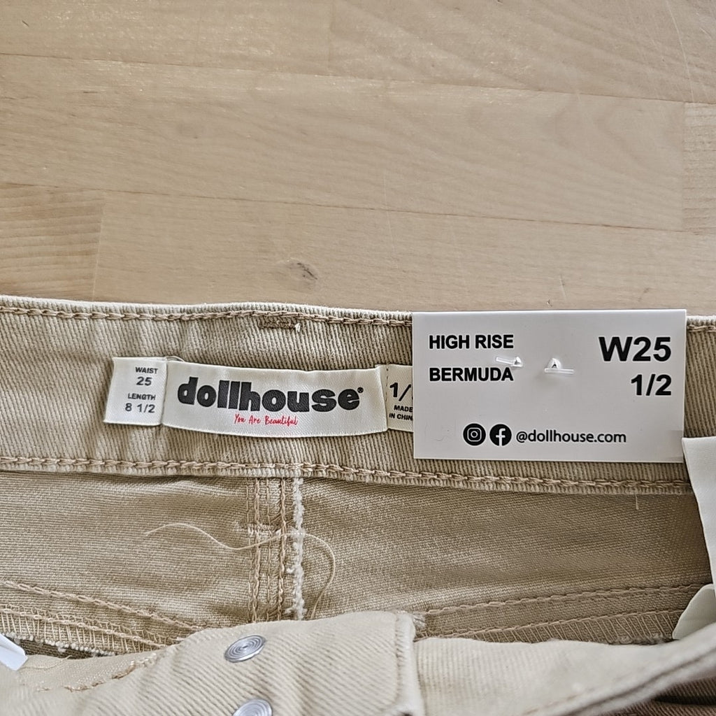 Dollhouse Juniors' High-Rise Frayed Bermuda Shorts - Tan - 1/2
