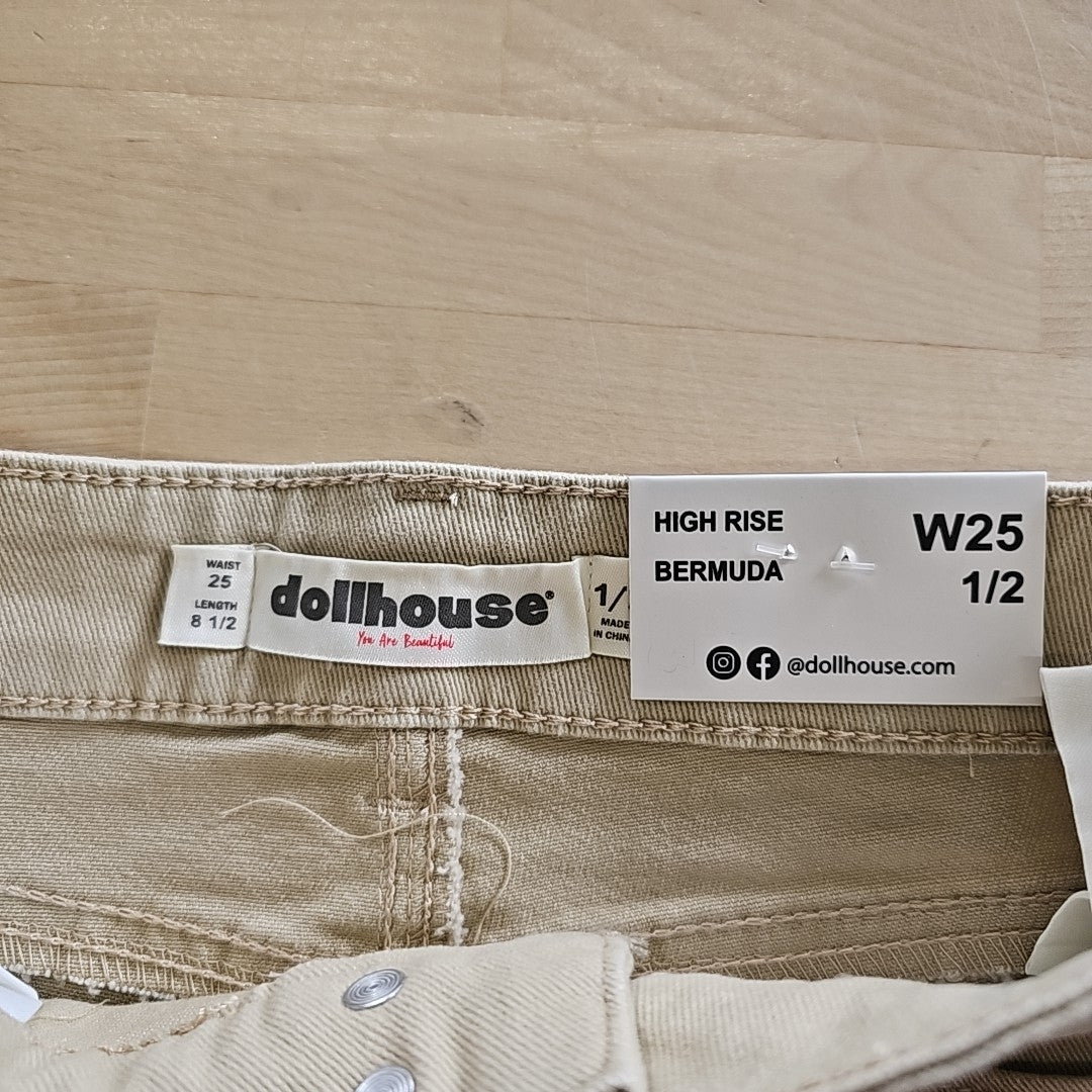 Dollhouse Juniors' High-Rise Frayed Bermuda Shorts - Tan - 1/2