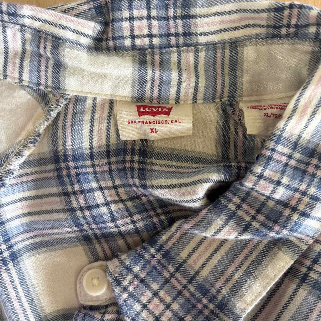 Levi's Size XL Pink Blue Button Down Harrison Raglan Shirt- Clayton Plaid Indigo