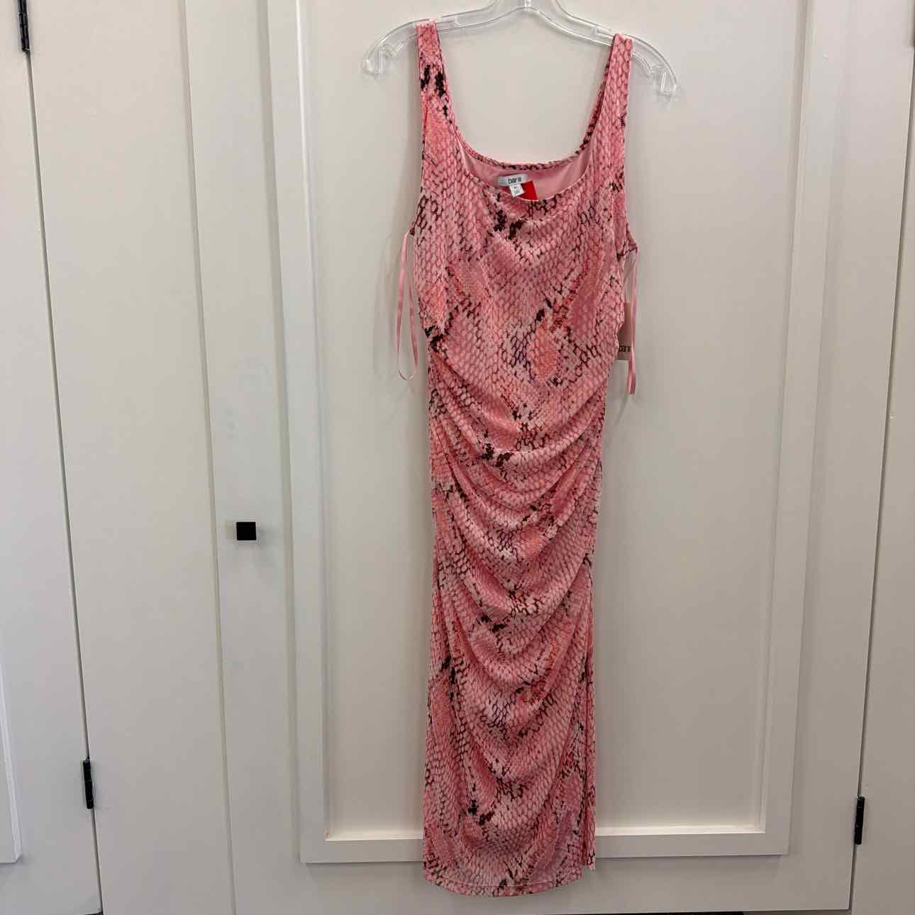 Bar III Size XL Pink Snakeskin-Print Rouched Midi Dress - Rose Bloom Multi