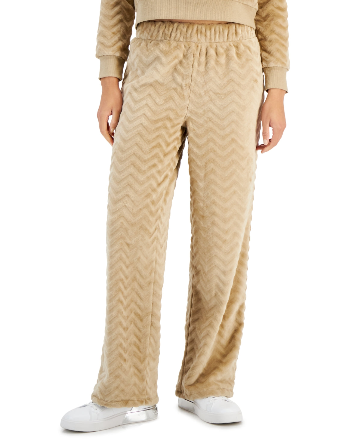 Crave Fame Juniors' Cozy Faux-Fur Wide-Leg Pants - Natural Tan Chevron