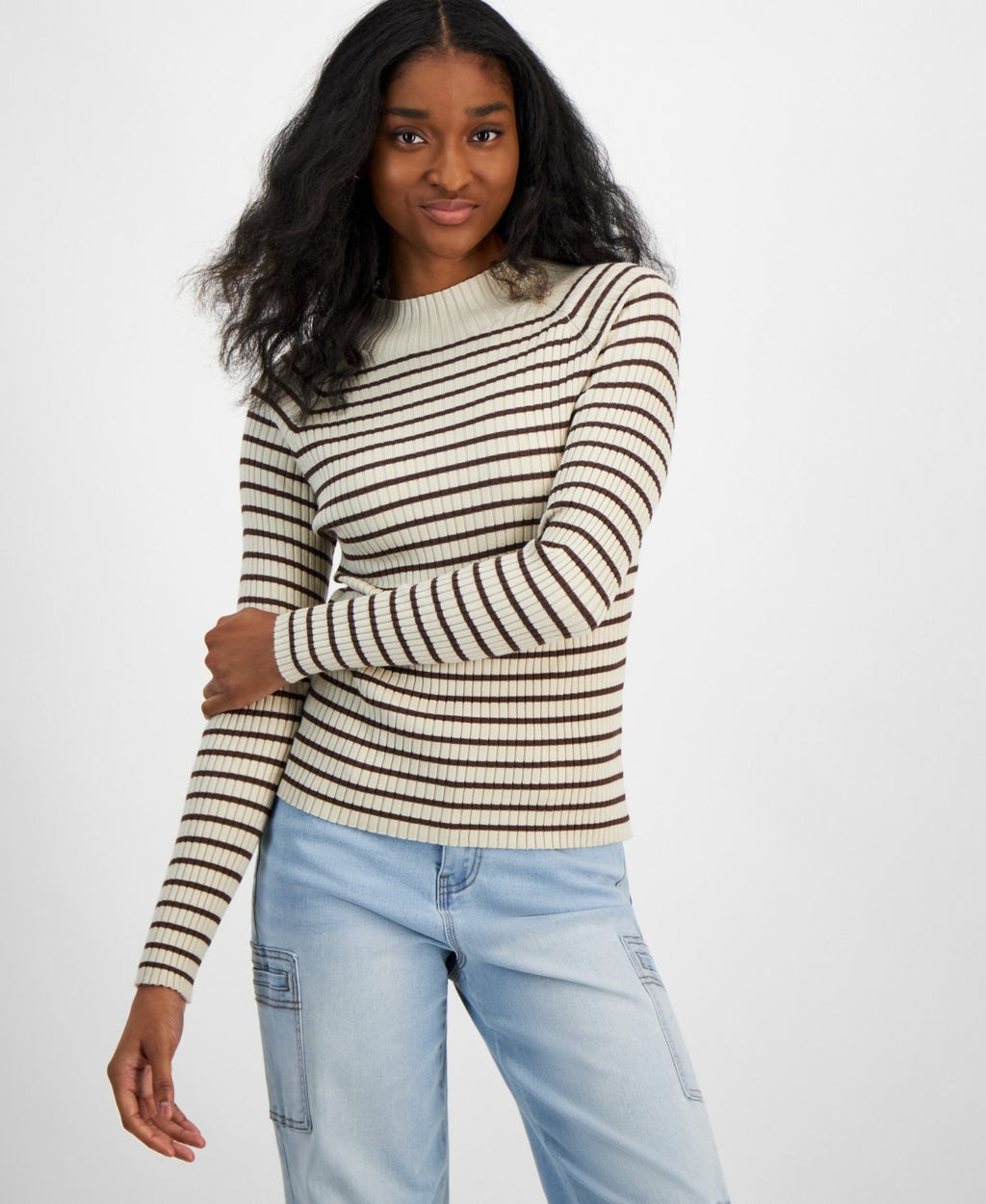 Hooked up by Iot Juniors' Fine Gauge Mock-Neck Striped Sweater - Oatmeal