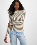 Hooked up by Iot Juniors' Fine Gauge Mock-Neck Striped Sweater - Oatmeal