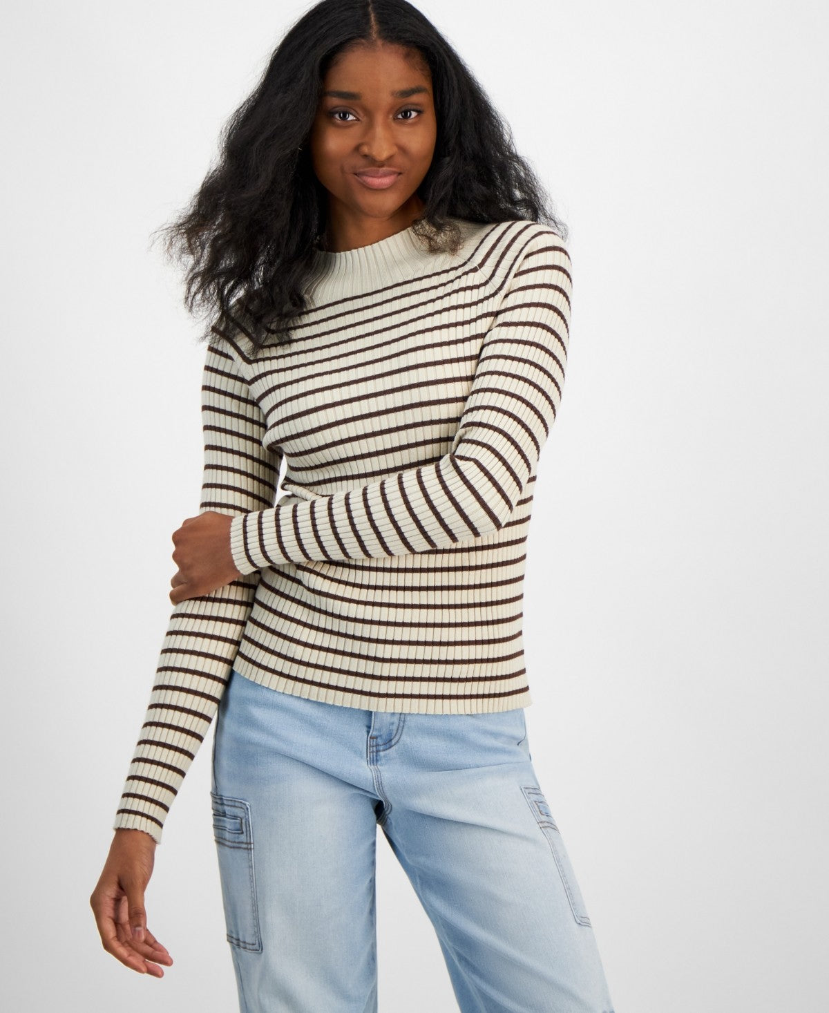 Hooked up by Iot Juniors' Fine Gauge Mock-Neck Striped Sweater - Oatmeal