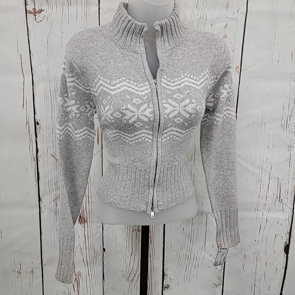 Planet Heart Size S Juniors' Fair Isle Zip-Front Sweater - Light Heather Grey