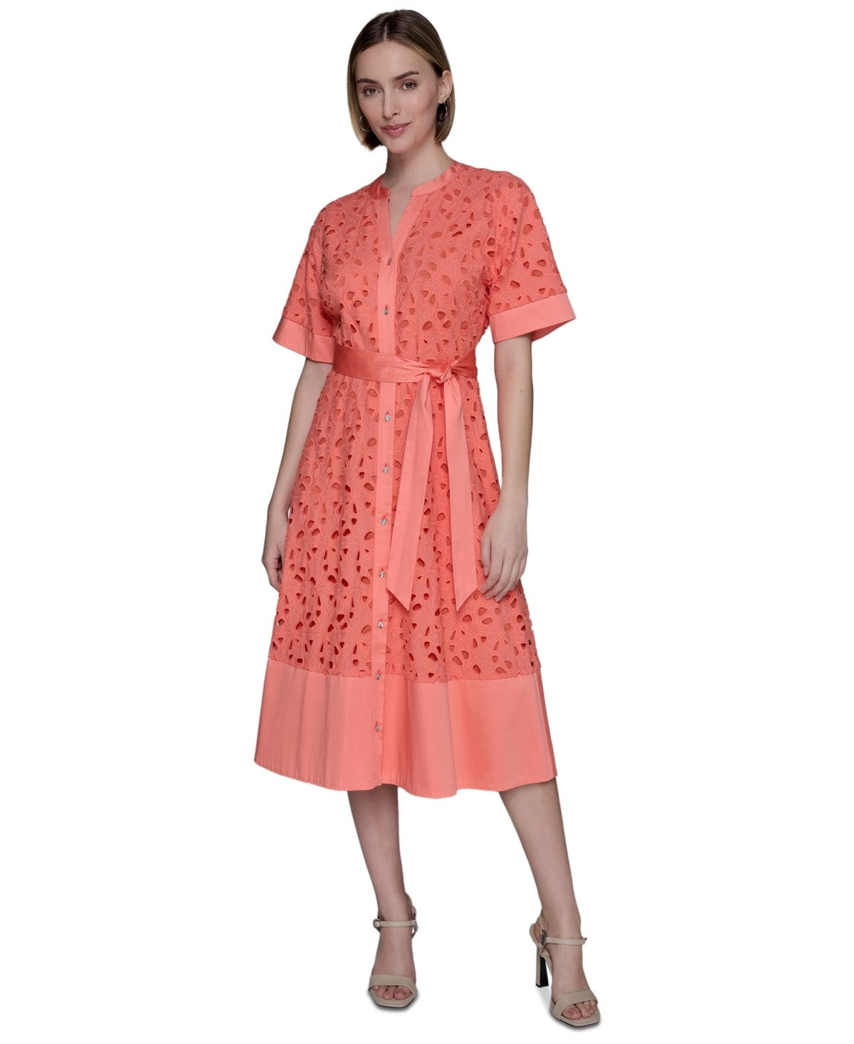 Karl Lagerfield Size 14 Women's Eyelet Cotton a-Line Shirtdress - Coral