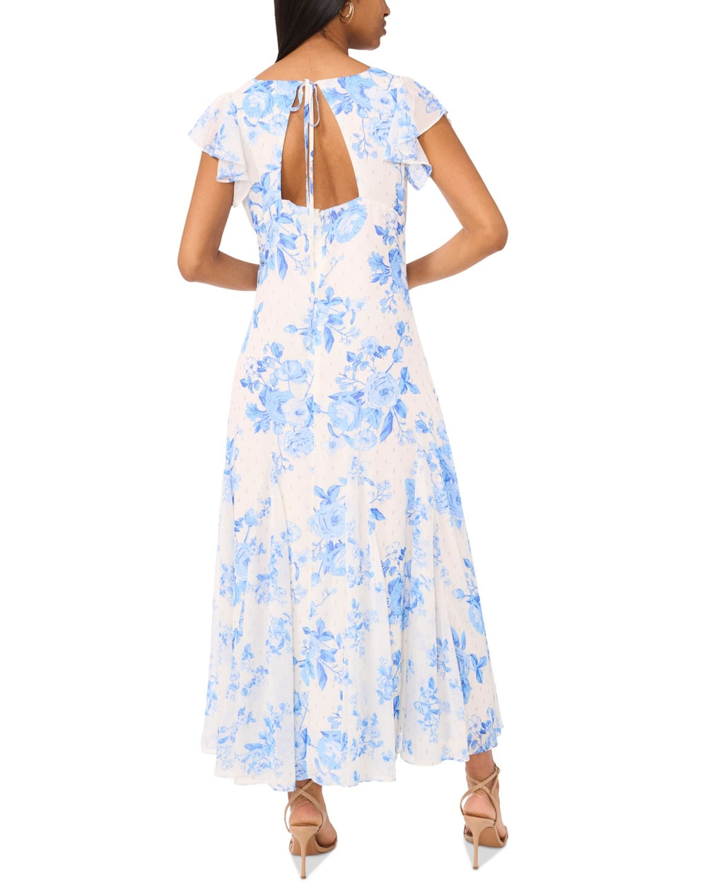 CeCe Women's Printed V-Neck Flutter-Sleeve Chiffon Dress - Blue Air